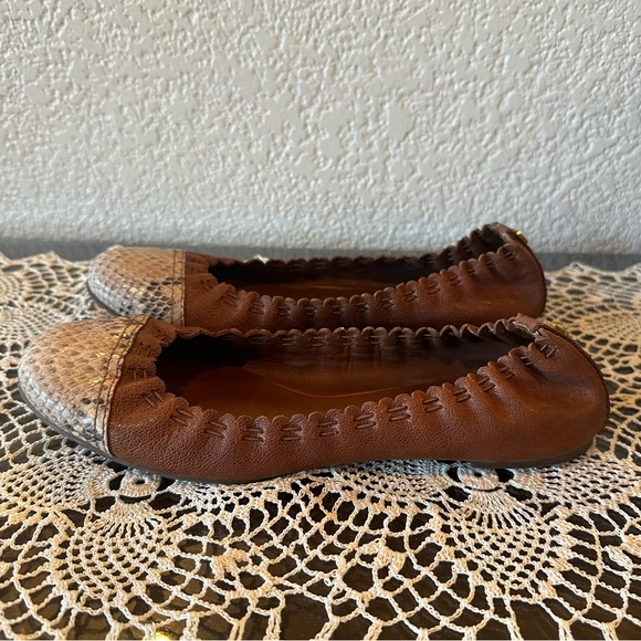 Tory Burch Chestnut Brown Snakeskin Cap Toe Abbey Leather Ballet Flats - Picture 5 of 12